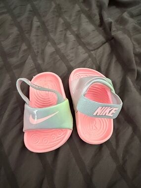 Nike Girls Pink and Mint Strap Slide Sandals